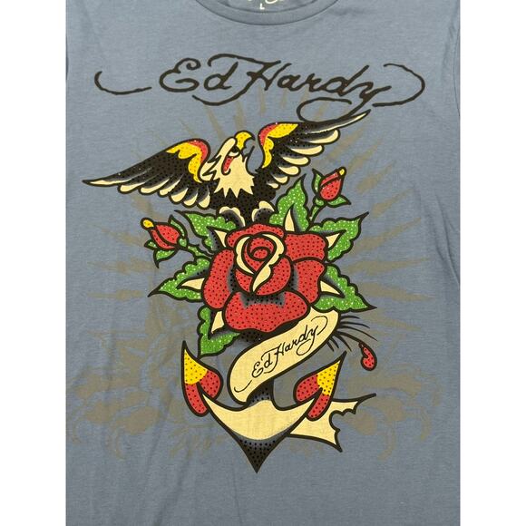 Ed Hardy Blue T-Shirt, Eagle, Heart,Bling Rose, Anchor - Picture 3 of 12